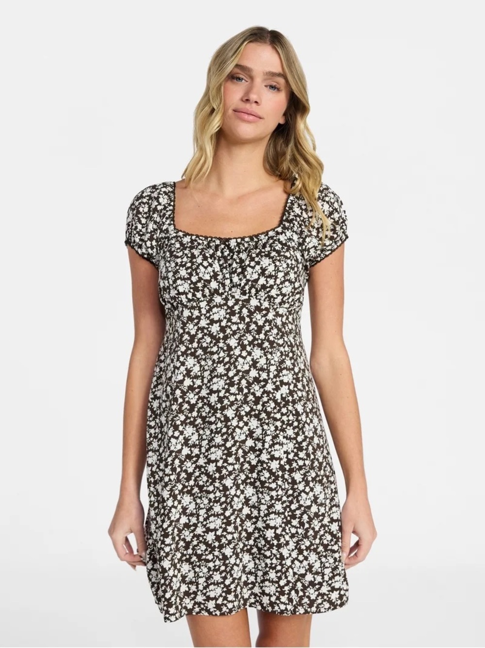 No Boundaries Fit and Flare Puff Sleeve Dress in Bitter Chocolate Brown Floral